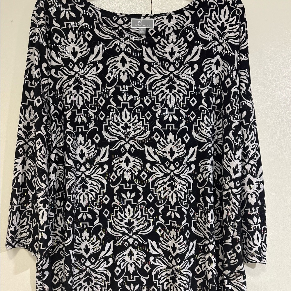 JM Collection Black and White Graphic 3/4 Sleeve Blouse - Picture 2 of 5